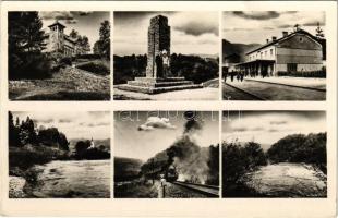 1944 Csucsa, Ciucea; Ady kastély, Királyhágói emlékmű, vasútállomás, gőzmozdony, vonat / castle, monument, railway station, locomotive, train