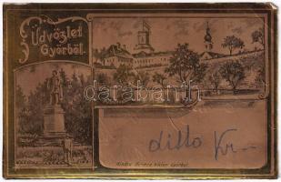 1900 Győr, Püspökvár, Kisfaludy szobor. Berecz Viktor kiadása, szecessziós fémes fóliás hatású képeslap / Art Nouveau, metallic foil (EK)