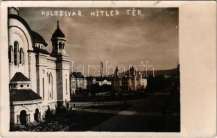 1940 Kolozsvár, Cluj; Hitler tér, Országzászló, Nemzeti Színház / square, Hungarian flag, theatre. photo + "1940 Kolozsvár visszatért" So. Stpl. (EK)