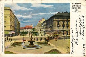 1899 (Vorläufer) Budapest VI. Gyár utca (Liszt Ferenc tér), Andrássy út, omnibusz Bensdorp Cacao reklámmal, Panorama, Gelb és P. üzlete. Walter Haertel No. 519. (szakadás / tear)