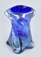 Irizáló kék cseh design üveg váza. Huta üveg Hibátlan. 13 cm