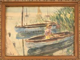 Major József (?-): Csónakban (Balaton). Akvarell, papír. Jelezve balra lent. Üvegezett, dekoratív fakeretben, 29,5×39 cm