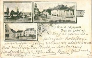 1900 Lakompak, Lackenbach; Dampfmühle und Sägewerk, Hauptplatz, Postgasse, J. Koth's Einkehr Gasthaus / Gőz- és fűrészmalom, Posta utca, Fő tér, vendéglő, Hacker és Kohn üzlete / sawmill, street, main square, restaurant, shops. Art Nouveau, floral (fl)