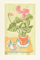 Rác András (1926-2013): Virágcsendélet. Színes linómetszet, papír, jelzés nélkül, 34x20 cm