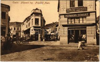 1917 Tuzla, Filipovic trg. / shop of Hermann Domany, square + "K. und K. Milit. Post Tuzla" (EK)