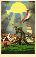 Ébreszt a magyar jövő. Kiadja az Ereklyés Országzászló Nagybizottsága / Hungarian irredenta propaganda art postcard, Treaty of Trianon