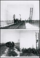 cca 1931 A Velencei-tó partján, a villamos sínek mentén javítják a távíróvonalakat egy vihar után, Kerny István (1879-1963) budapesti fotóművész hagyatékából 2 db modern nagyításon összesen három felvétel, 15x21 cm