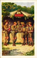 Foglalkozás után, kantin. Cserkész művészlap. Rigler József Ede kiadása R.J.E. 8007. / Hungarian boy scout art postcard, scout camp, canteen (tűnyomok / pin marks)