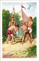Reggeli mosakodás. Cserkész művészlap. Rigler József Ede kiadása R.J.E. 8005. / Hungarian boy scout art postcard, scout camp, morning wash