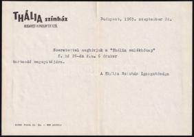 1963 Bp., a Thália Színház meghívója Inke László (1925-1992) színész részére, a Thália emlékhónap megnyitójára, eredeti borítékkal. A boríték hátoldalán Inke László saját kezű soraival.