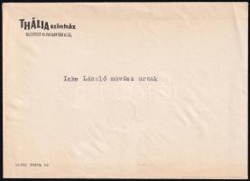 1963 Bp., a Thália Színház meghívója Inke László (1925-1992) színész részére, a "Thália emlékhó...