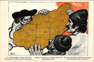 Lepényevő verseny a cseh-román-szerb imperialisták közt / A cake-eating contest between Romanian-Czech-Serbian imperialists. Hungarian irredenta art postcard s: Bér (fl)