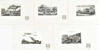 cca 1980-1990 Magyar Néphadsereg, 5 db harckocsikat, járműveket, katonákat ábrázoló nyomat, vászonon...