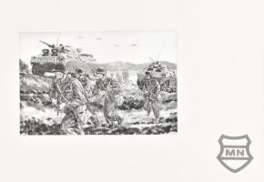 cca 1980-1990 Magyar Néphadsereg, 5 db harckocsikat, járműveket, katonákat ábrázoló nyomat, vászonon...