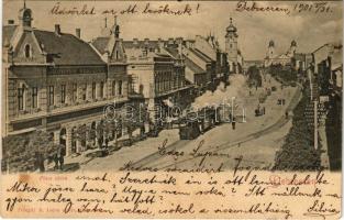 1901 Debrecen, Piac utca, Debreczeni Helyi Vasút Rt. (DHV) kisvasútjával, városi vasút, vonat, Rohner szálloda, Karancsy Zs. üzlete, Évszázados református templom még toronnyal (1907-ben egy szélvihar a toronysisak bádogjának egy részét letépte, ma Csonkatemplom). Telegdi K. Lajos utóda kiadása (fl)