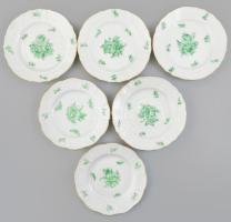 Herendi porcelán süteményes tányér készlet 6 darab. Kézzel festett, jelzett, kis kopással d: 15 cm
