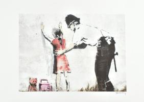 Banksy: Policeman searching. Ofszet litográfia, papír, jelzett a nyomaton, szárazpecséttel Számozott: 20/150. Tanúsítvánnyal. 30x41 cm