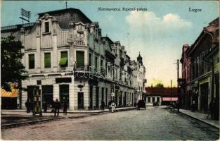 1916 Lugos, Lugoj; Korona utca, Poporul palota, gyógyszertár, üzletek. Gutenberg nyomda kiadása / street view, palace, pharmacy, shops