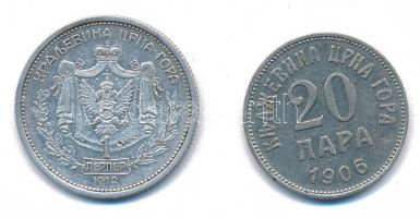 Montenegró 1906. 20p Ni + 1912. 1P Ag "I. Miklós" T:XF,VF Montenegro 1906. 20 Para Ni + 19...