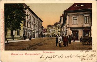 1904 Nagyszeben, Hermannstadt, Sibiu; Heltauergasse / Disznódi utca, Julius Wermescher üzlete, Hotel Transsylvania szálloda. G. A. Seraphin kiadása. Chromophototypie von Jos. Drotleff / street view, shops, hotel (EB)