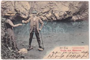 1905 Bozovics, Bozovici; Coronini Quelle / Koronini forrás, kirándulók / mineral water spring, hikers (EK)