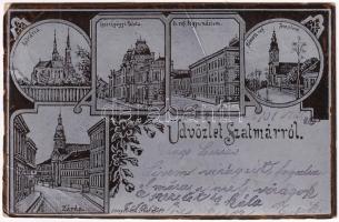 1901 Szatmárnémeti, Satu Mare; Kálvária, Igazságügyi palota, Református főgimnázium, Németi református templom, Zárda. Löwy Miksa kiadása, szecessziós fémes hatású fóliás képeslap / Calvary, palace of justice, Calvinist church and school, nunnery. Art Nouveau floral metallic foil postcard (EB)