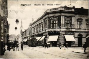 Nagyvárad, Oradea; Rákóczi út, Erődi H. cukrászata, üzletek, villamos / street view, confectionery, shops, tram (ázott sarok / wet corner)