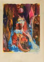 Győry Eszter (1942-): Szürrealista jelenet (cím nélkül). Nyomat, pasztell, papír. Jelzett. Autográf ajándékozási sorokkal 1982-ből. Feltekerve. 52×40 cm