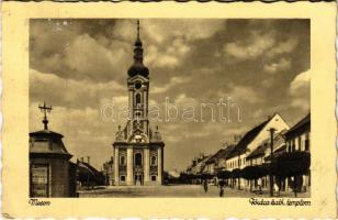 1939 Moson (Mosonmagyaróvár), Fő utca, római katolikus templom (ázott sarkak / wet corners)