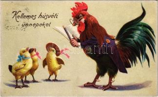 1928 Kellemes húsvéti ünnepeket / Easter greeting art postcard with rooster and chicken (EK)