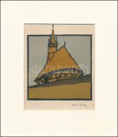 Kós Károly (1883-1977): Templom. Linómetszet, papír, utólagos jelzéssel, paszpartuban, 10×10 cm