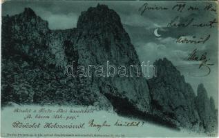 1899 (Vorläufer) Torda-Túri hasadék, Tureni Gorge; A Három Oláh Pap este. Üdvözlet Kolozsvárról, Dunky fivérek kiadása / night (EK)