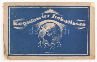 1923 Bp, Kogutowicz zsebatlasza az 1923. évre. II. évfolyam. Bp., Magyar Néprajzi Társaság Emberföldrajzi Szakosztálya,9-116 p +1 (Európa térképe 1924,1:15,000.000, tervezte: Kogutowicz Károly, 27x33 cm) t. Haránt alakú kiadói papírkötés, kissé szakadt, foltos borítóval, hiányzó lapokkal, a borító egyik sarkán kis hiánnyal.