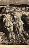 1916 Auf Horchposten / WWI German military art postcard, trenches s: Kurzweg (EK)