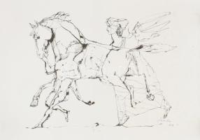 Szalay Lajos (1909-1995): Ló és lovas. Szitanyomat, papír, jelzett a nyomaton, számozott (8/100), foltos, feltekerve, 50×69 cm