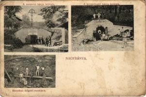 1912 Nagybánya, Baia Mare; Veresvizi és kereszthegyi bánya bejárata, bányában dolgozó mukások, Lobkovitz és Svaiczer segéd altárna. Kovács Gyula kiadása / Valea-rosie and Dealul Crucii mines, miners in work (EB)