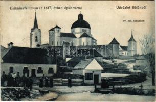 1942 Bölön, Belin, Böllen, Blumendorf; Unitárius templom az 1617. évben épült várral, Református templom. Rafael Jakab és fiai kiadása / churches, castle built in 1617