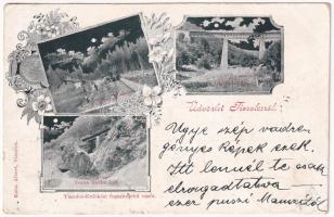 1901 Tiszolc, Tisovec; Tiszolc-Erdőközi fogaskerekű vasút, Fenyves vasútállomás, Csertovai és Tesna Skalai híd, este. Kohn Albert kiadása / railway bridges, Tisovec-Bánovo railway station, cogwheel railway, night. Art Nouveau, floral (EK)