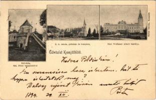 1899 (Vorläufer) Komját, Komjatice; Kálvária Szt. Péter templomával, Római katolikus iskola, plébánia és templom, Báró Wodianer Albert kastélya. Keller István kiadása / calvary, Roman Catholic church, school and parish, castle (fl)