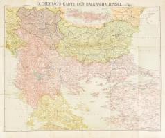 cca 1913 G. Freytags Karte des Kriegsshauplatzes auf der Balkan-Halbinsel, 1:1,250,000, Wien, G. Freytag & Brendt, sérült, foltos, 71x82 cm