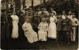 1915 WWI German military hospital, group of injured soldiers, Red Cross nurses and monks. photo + "Vereinslazarett Dominikanerkonvent Düsseldorf, Herzogstr. 17" (EK)