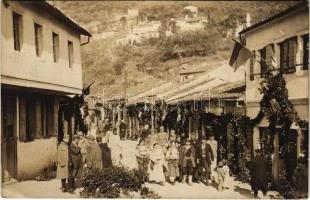 1918 Ansicht Skutari / Osztrák-magyar katonák Shkodra városában (Albánia) / WWI Austro-Hungarian K.u.K. military, group of soldiers in Shkoder. photo + "K.u.K. Reservespital Stari Bar Montenegro" "K.u.K. Etappenpostamt Virpazar" (EK)