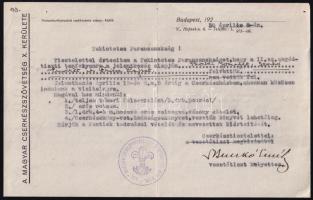 1930 A Magyar Cserkészszövetség X. kerületéből küldött levél a parancsnokságnak vízitelepre való indulás okán, vezetőtiszt aláírásával, cserkészpecséttel