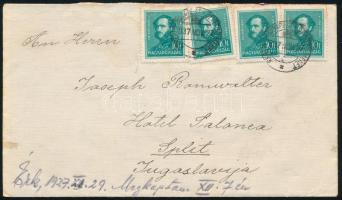 1937 Levél KEREPES-BUDAPEST KÖZVETÍTŐ MENET vasúti mozgóposta bélyegzéssel Splitbe / Cover with railway postmark to Split