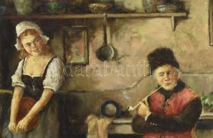 J. Eberhardt jelzéssel: Menyecske a konyhában. Olaj, vászon. 60x70 cm, dekoratív fakeretben