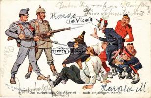 1915 Das europäische Gleichgewicht - nach einjährigem Kampf / WWI Austro-Hungarian K.u.K. military art postcard, Entente mocking propaganda, humour. M. Munk Wien Nr. 1031. s: Th. Zasche + "Militärpflege Militär-Krankenanstalt im Reichsratsgebäude" (EK)