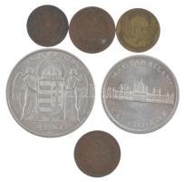 1896. 2f bronz + 1900. 1f bronz + 1943. 5P Al + 1945. 5P Al + 1939. 2f bronz + 1933. "BSZKRT / Kis szakaszjegy" Cu zseton T:AU-VF patina