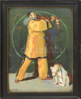 Földes Imre (1881-1948): Zenélő bohóc kutyával. Olaj, karton. Jelzett. Dekoratív, üvegezett fakeretben, hátoldalán Hochhauser képkerezető 1920 körüli címkéjével. 37x27 cm / oil on board, signed, framed
