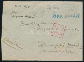 1946 (24. díjszabás) Levél 400.000 BP készpénzes bérmentesítéssel Balatonszárszóról Dunaszerdahelyre / Cover with handwritten franking