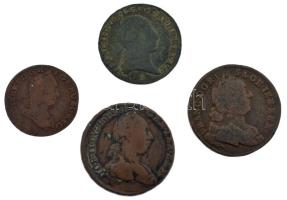 1774. 1kr Cu II. József + 1800S 1kr Cu I. Ferenc + Ausztria ~1765. 1pf Cu Mária Terézia + 1762W 1kr Cu Mária Terézia T:F